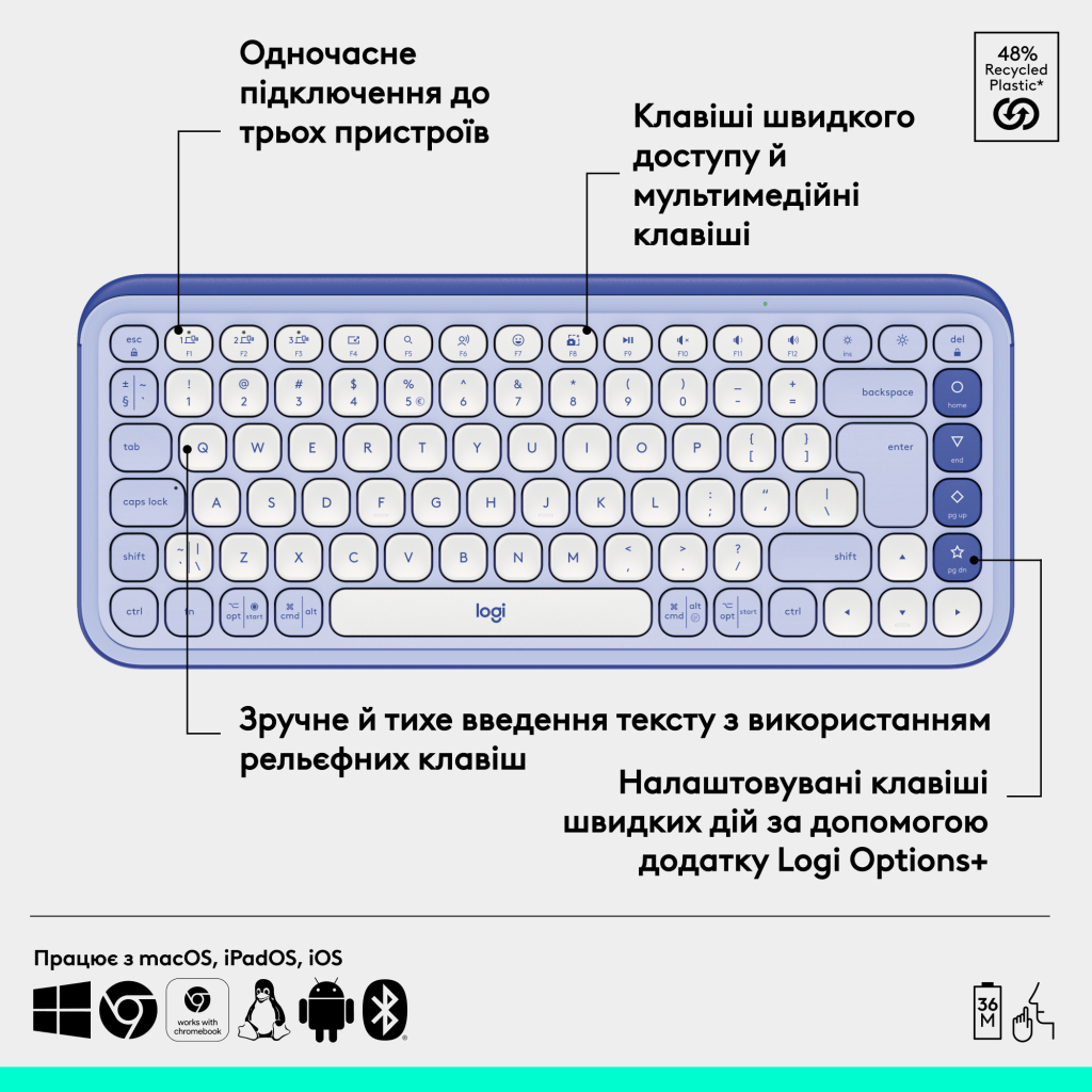 Клавіатура Logitech POP Icon Keys Bluetooth UA Lilac (920-013074) - зображення 6