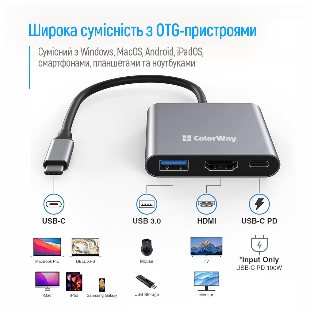 Концентратор ColorWay USB-C 3-in-1 USB 3.0 + HDMI 4K + USB-C PD100W (CW-HUB08) - изображение 10