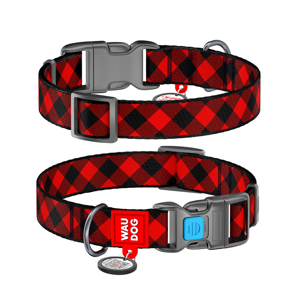 Нашийник для тварин WAUDOG Nylon з QR паспортом "Шотландка червона" пластиковий фастекс XXL (284-0100) - зображення 1