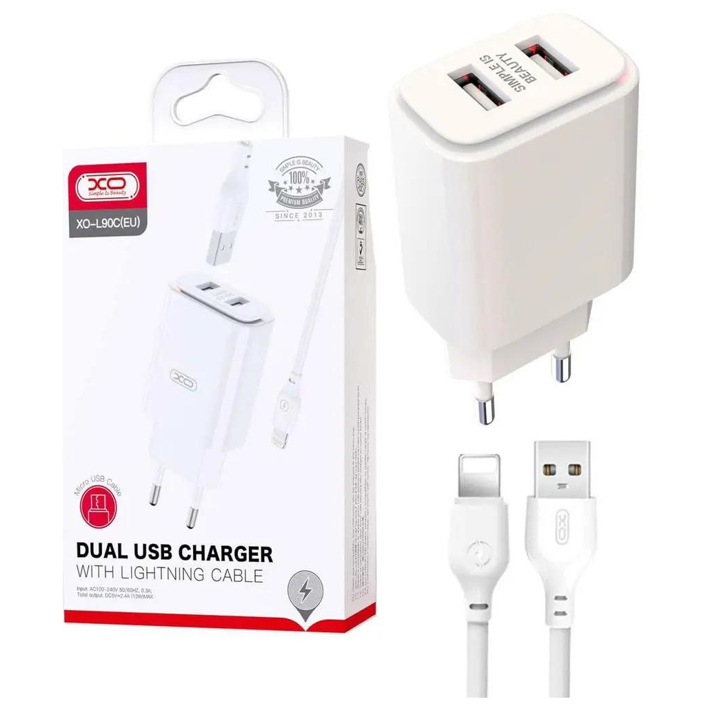 Зарядний пристрій XO L90C (2USB/2.4A) + USB - Lightning White (XO-L90C-L) - зображення 1