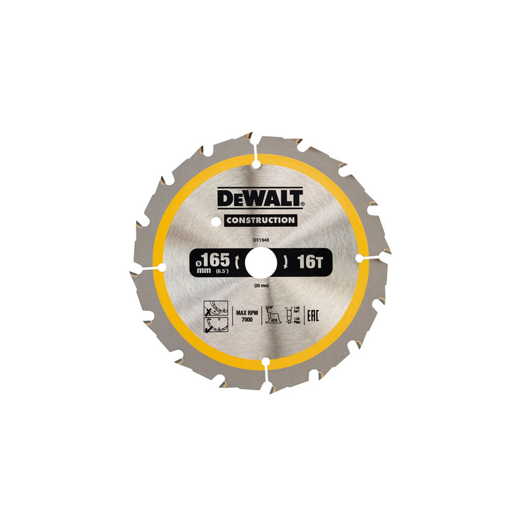 Диск пильний DeWALT CONSTRUCTION 165 х 20 мм, 16z (ATB), 20 градусів (DT1948) - зображення 1