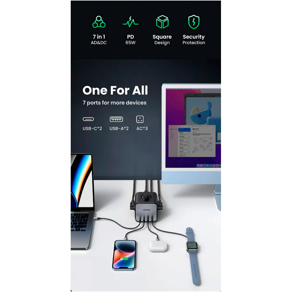 Зарядний пристрій Ugreen 4xUSB 65W DigiNest Cube (2хUSB-C+2xUSB-A) CD268 (60113) - зображення 4