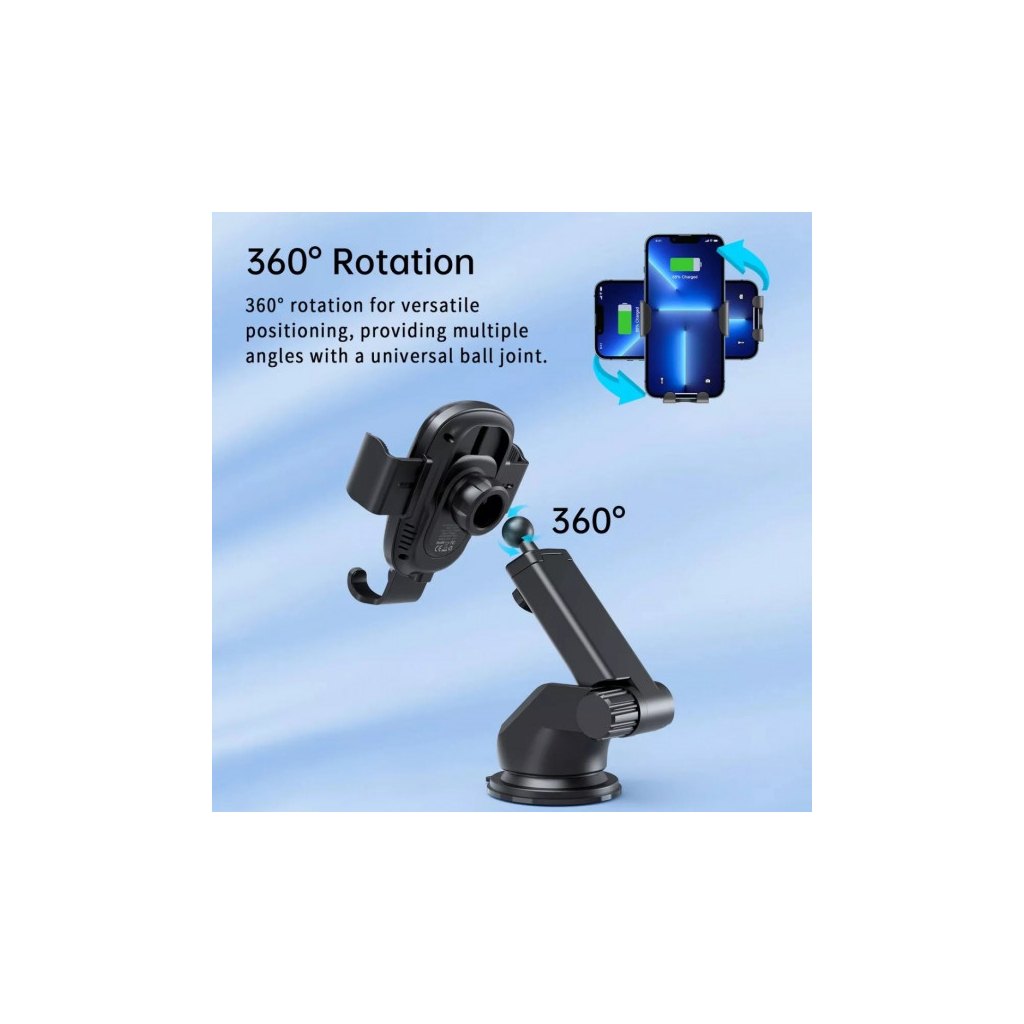 Універсальний автотримач Choetech Gravity Car Wireless 15W Charger 4.7-7.2" Black (T203-F-ACBK) - зображення 5