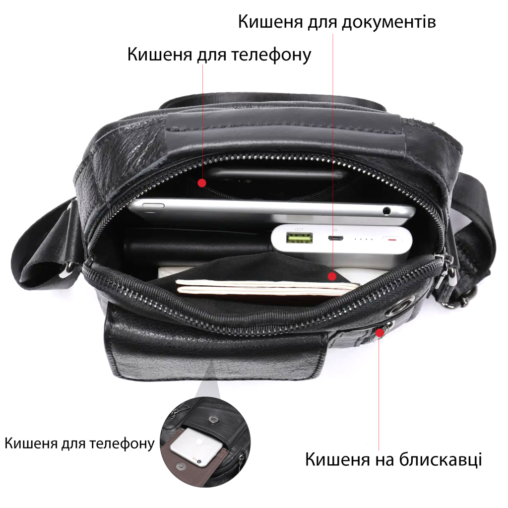 Сумка Vintage Вертикальна чоловіча у щільній шкірі Чорна (20366) - зображення 4