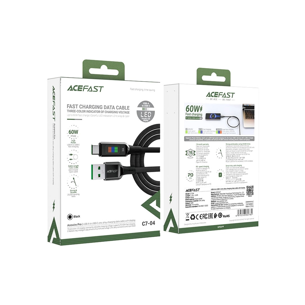 Дата кабель USB 2.0 AM to USB-C 1.2m 3A nylon with LED C7-04 black Acefast (6974316282785) - зображення 4