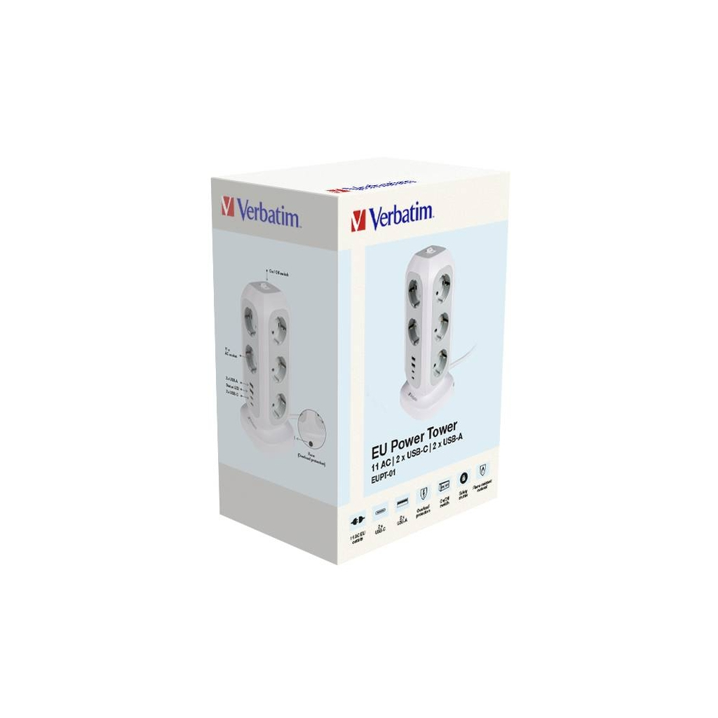 Мережевий фільтр живлення Verbatim 11 розеток, 2 x USB-C та 2 x USB-A (49547) - зображення 4