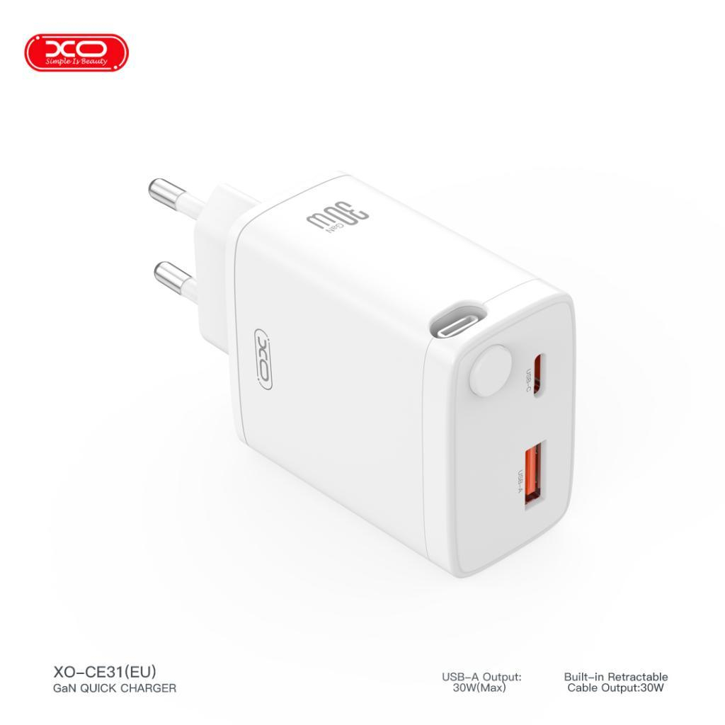 Зарядний пристрій XO 1xUSB-C + 1xUSB QC30W GaN + cable USB-C to USB-C white (XO-CE31) - зображення 6