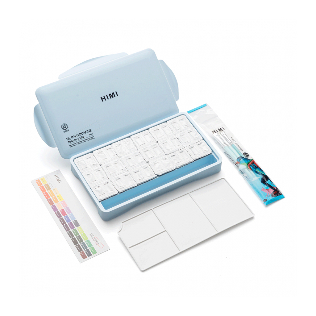 Гуашеві фарби HIMI Twin Cup 36*12мл+3 пензлі, блакитний пластик, пенал (6976939682638) - picture 6