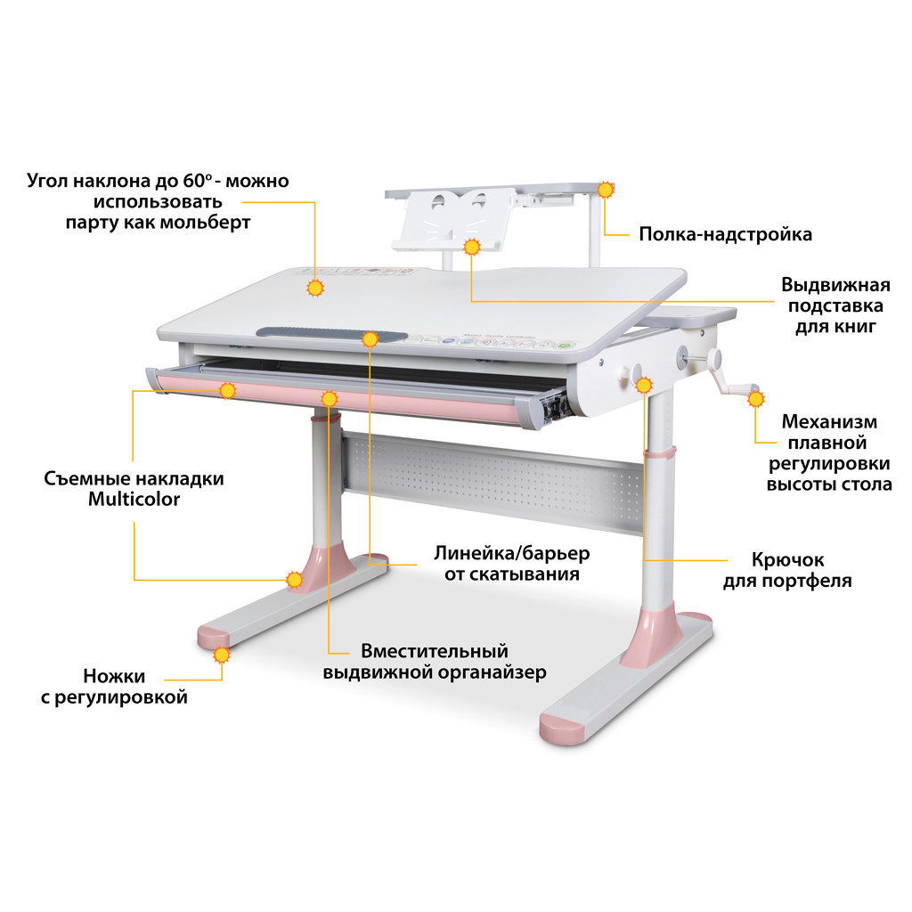 Парта Mealux Edmonton Multicolor Pink з полицею S50 (BD-610 W/MC + PN + S50 WG) - зображення 2