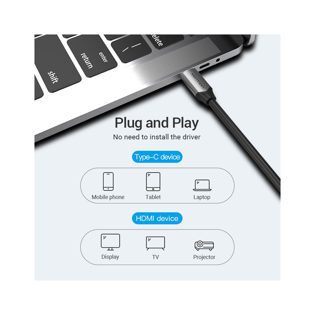 Кабель мультимедійний USB-C to HDMI M 1.5m V2.0 4K60Hz USB power supply black Vention (CGTBG) - зображення 5