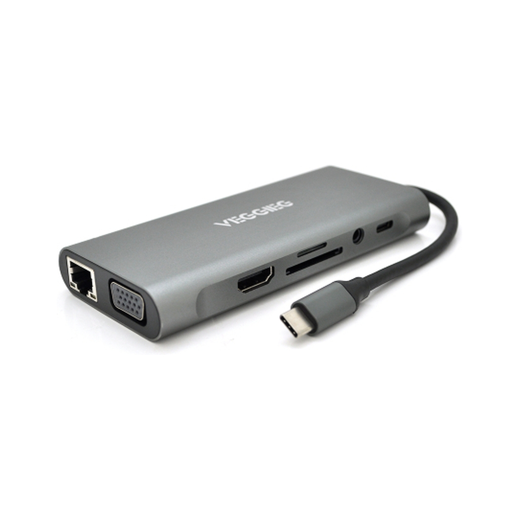Концентратор VEGGIEG USB-C 7-in-1 USB-C + 3xUSB 3.0 + HDMI + 3.5mm + SD/TF + RJ45 0.1m silver (TC11-S) - зображення 2