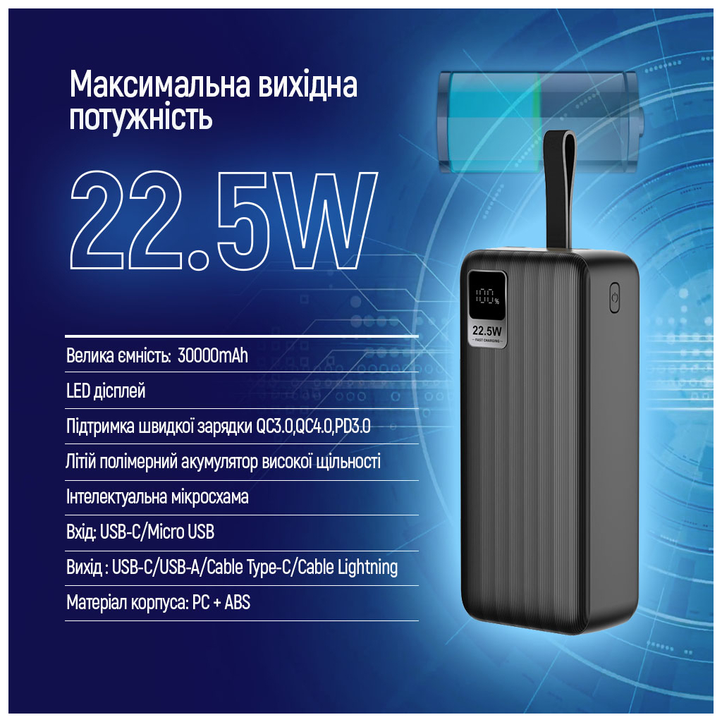 Батарея універсальна ColorWay 30 000 mAh PD/18W, QC3.0/22.5, Digital Display, Black (CW-PB300LPC5BK-PDD) - зображення 10