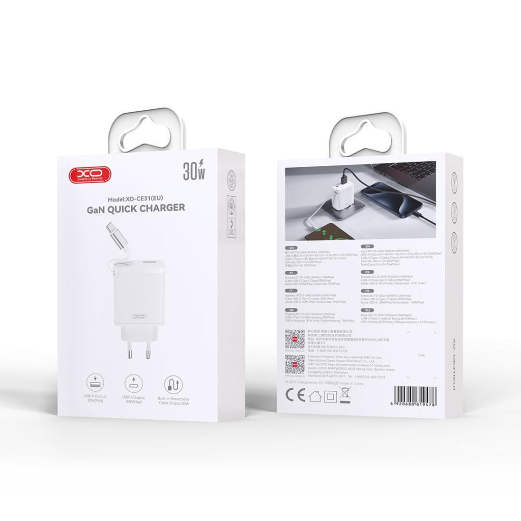 Зарядний пристрій XO 1xUSB-C + 1xUSB QC30W GaN + cable USB-C to USB-C white (XO-CE31) - зображення 8