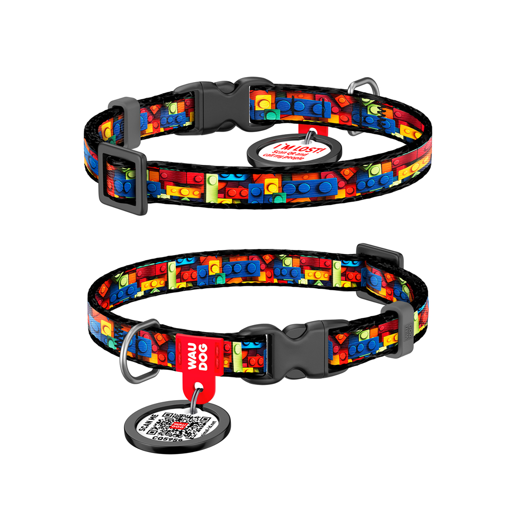 Нашийник для тварин WAUDOG Nylon з QR паспортом "Блоки" для котів та дрібних порід собак, XS (278-4056) - зображення 1