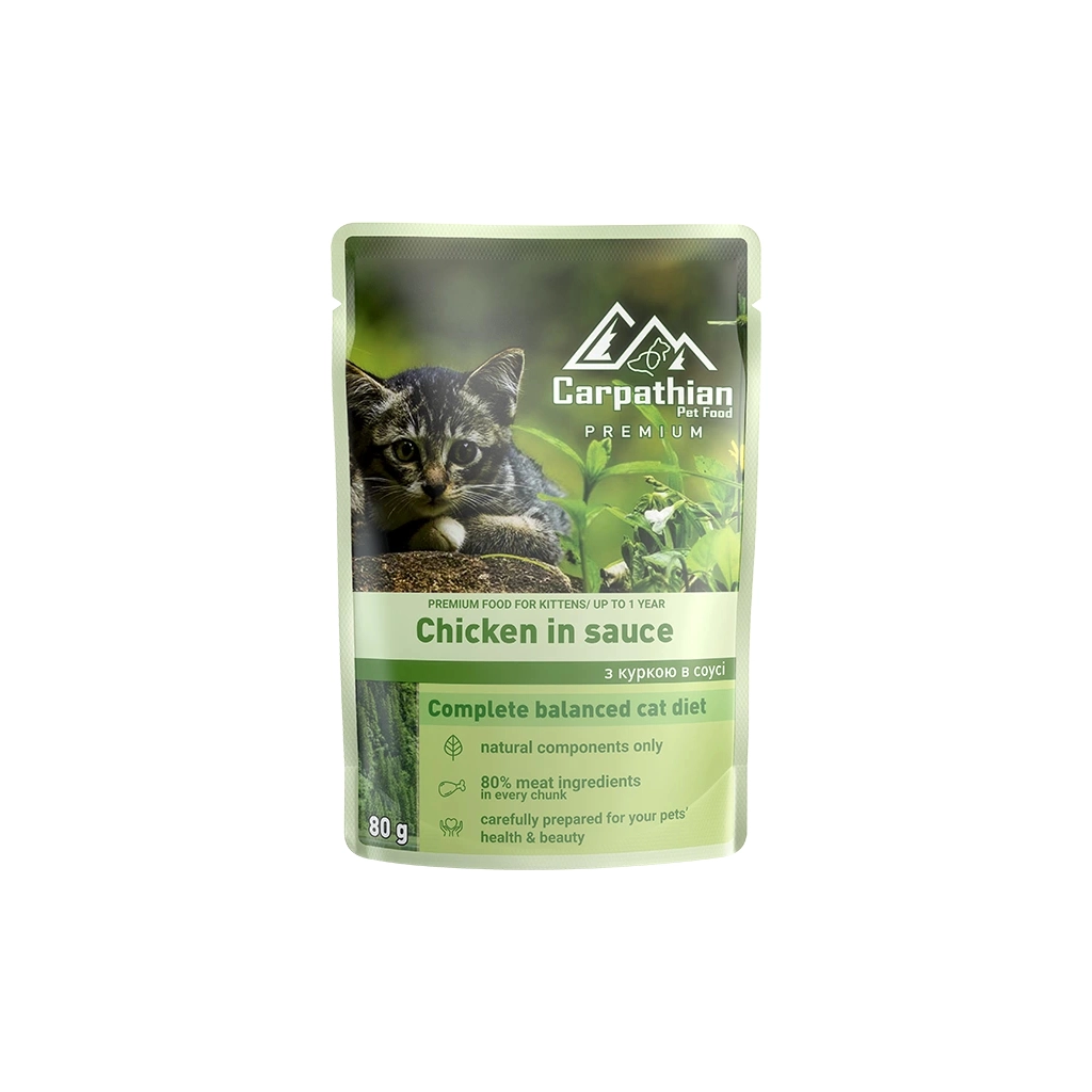Вологий корм для кішок Carpathian Pet Food з куркою в соусі 80 г (4820111141203) - зображення 1
