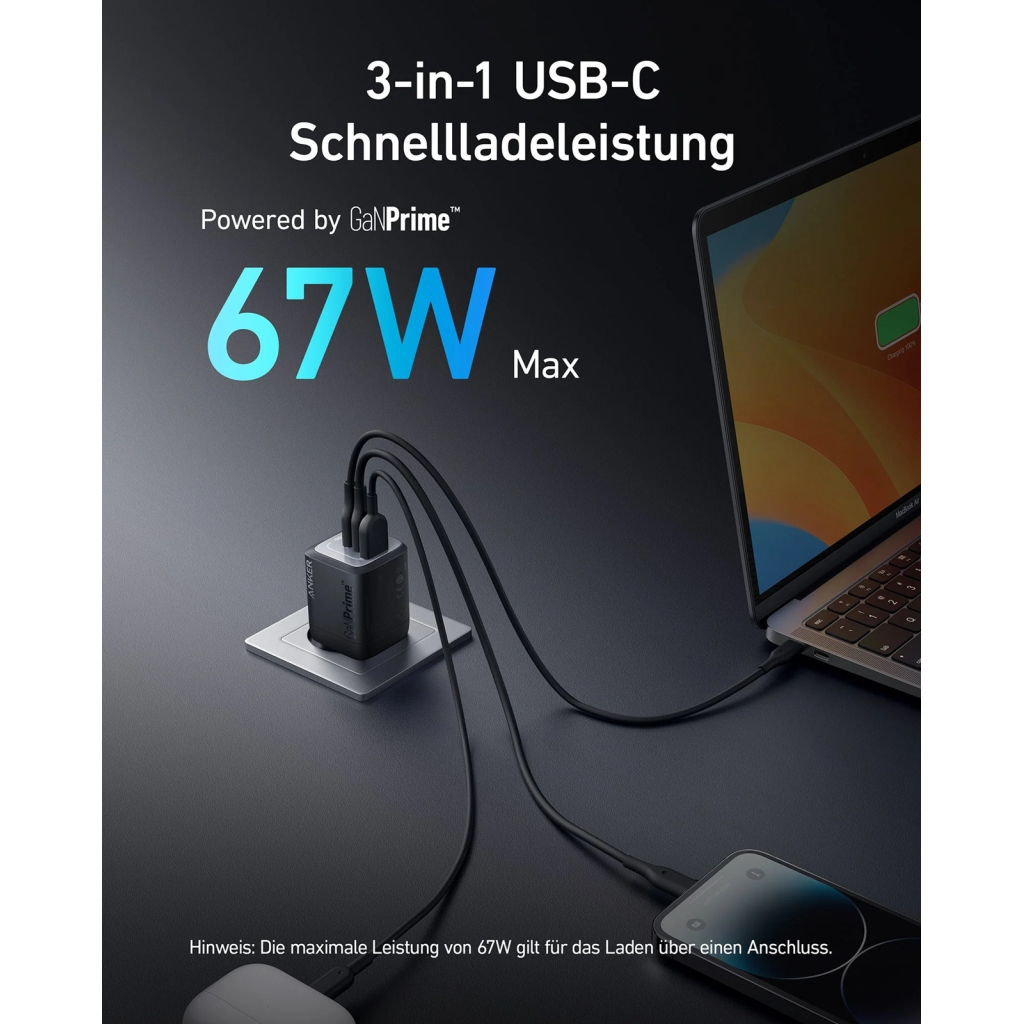 Зарядний пристрій Anker GaNPrime 67W 2xUSB-C PD + 1xUSB-A Black (A2669313) - зображення 2