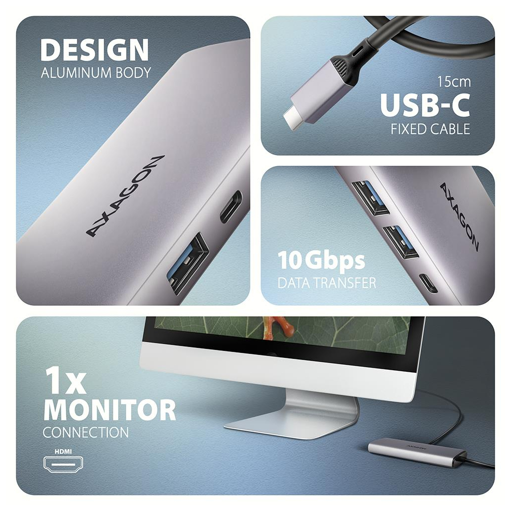 Концентратор AXAGON USB-C to 2xUSB-A + 1xUSB-C + HDMI + RJ45 + PD100W 0.15m gray (HMC-6G2L) - зображення 3
