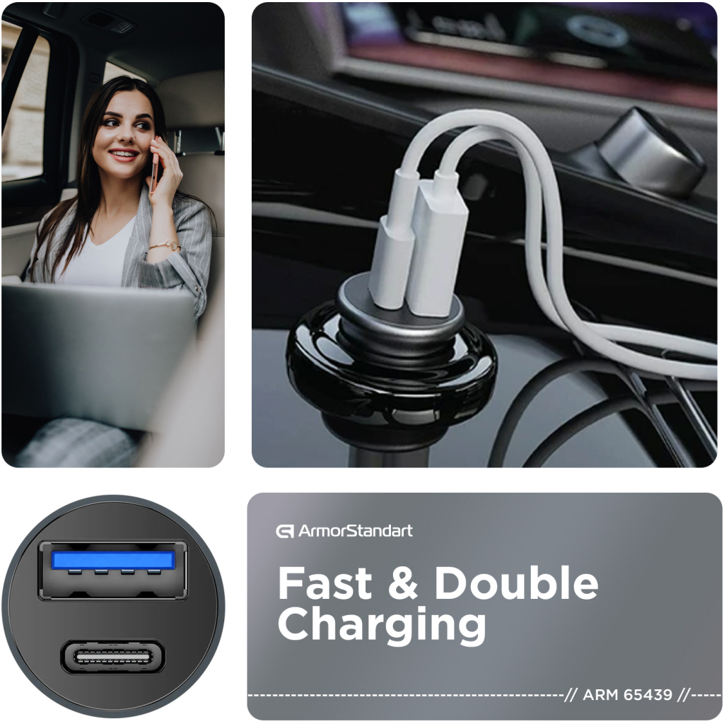 Зарядний пристрій Armorstandart Car USB Type-C PD20W + USB QC 3.0 Grey (ARM65439) - зображення 2