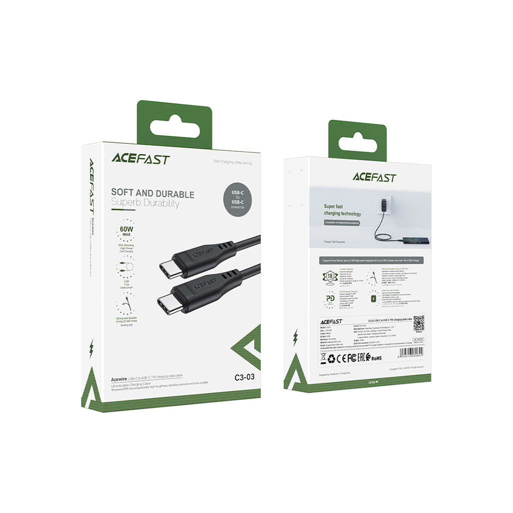Дата кабель USB-C to USB-C 1.2m 3A TPE C3-03 Black Acefast (6974316280842) - зображення 3