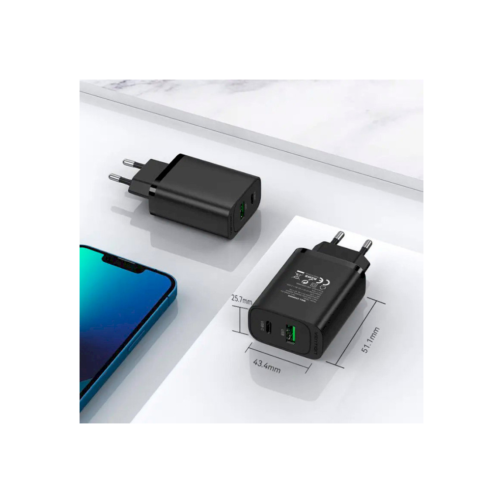 Зарядний пристрій Vention 2xUSB 38W (USB-C+USB-A) PD+QC3.0 black (FBIB0-EU) - зображення 10