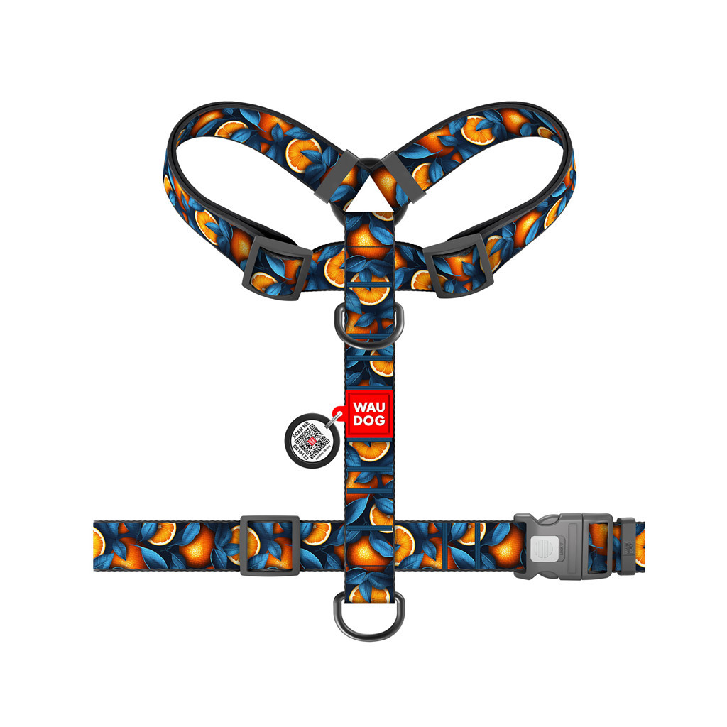 Шлея для собак WAUDOG Nylon з QR-паспортом анатомічна H-подібна "Апельсини" пластиковий фастекс М (321-4054) - зображення 2