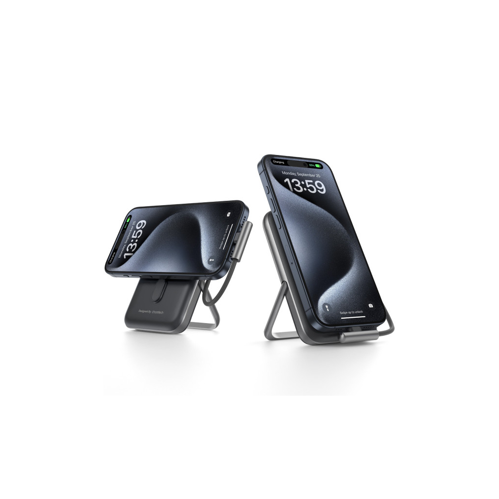 Батарея універсальна Choetech Magnetic Wireless 10000mAh 20W, PD, Qi-15W, USB-C In/Out, build-in cabel, Black (B735-CCBK) - зображення 4