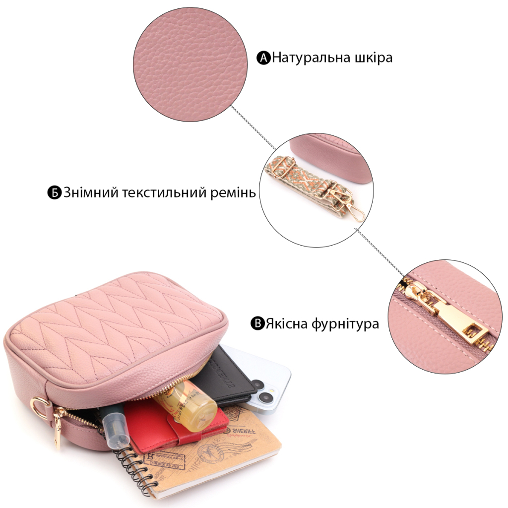 Сумка Vintage Стьобана жіноча з натуральної шкіри Рожева (22614) - зображення 4