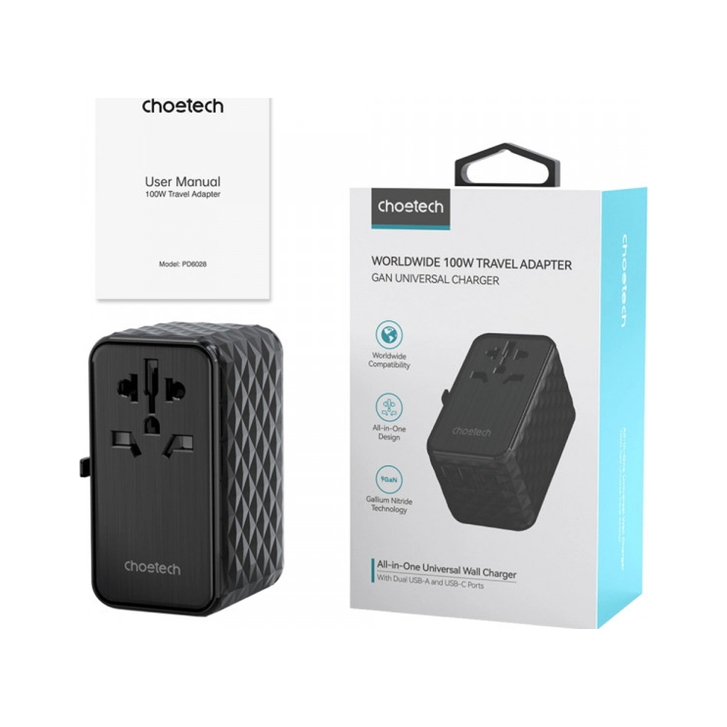 Зарядний пристрій Choetech 4xUSB 100W PD (2хUSB-C+2хUSB-A) сharger diamond model black (PD6028-BK) - зображення 3