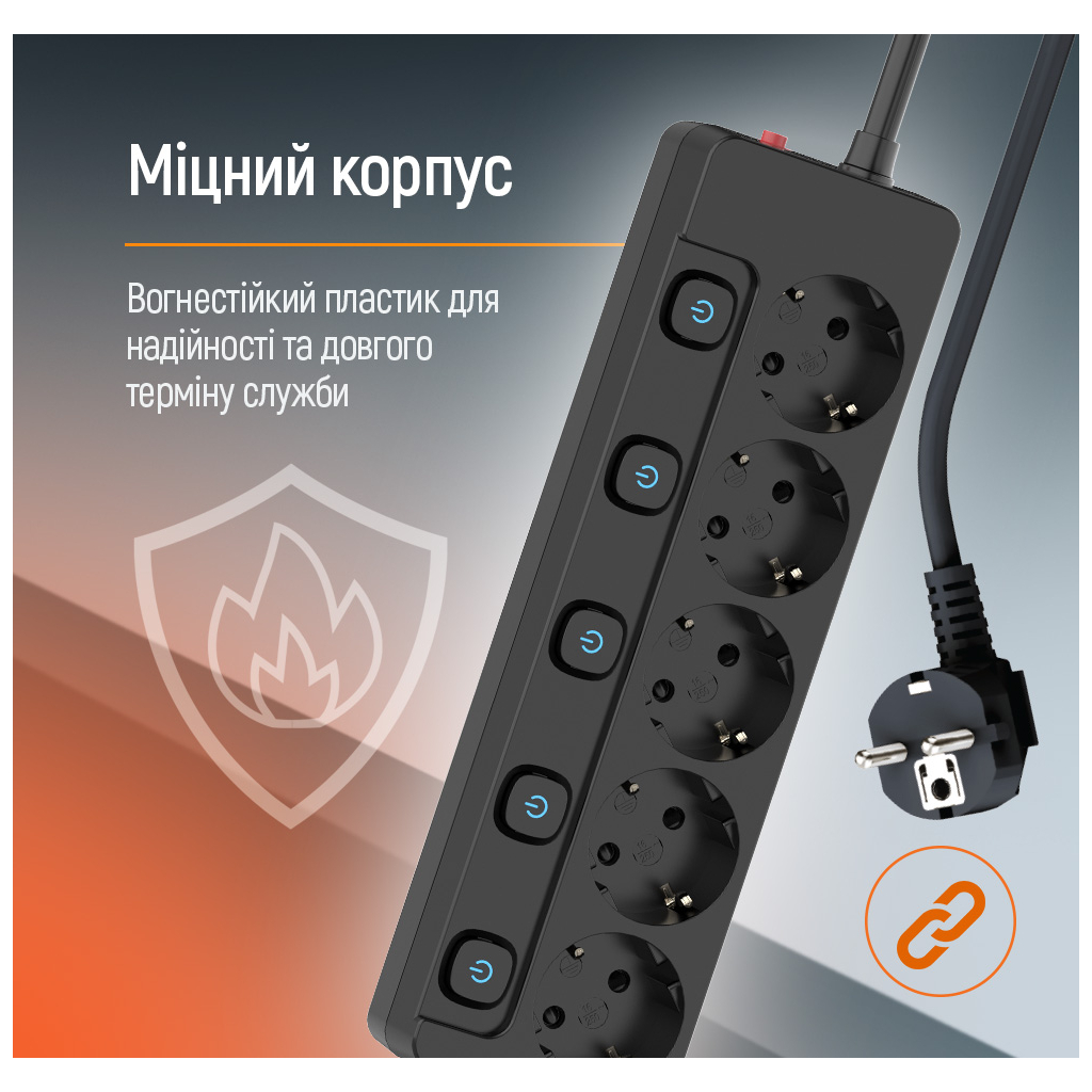 Мережевий фільтр живлення ColorWay CW-PSEA55SBK 5 розеток5м (CW-PSEA55SBK) - зображення 10