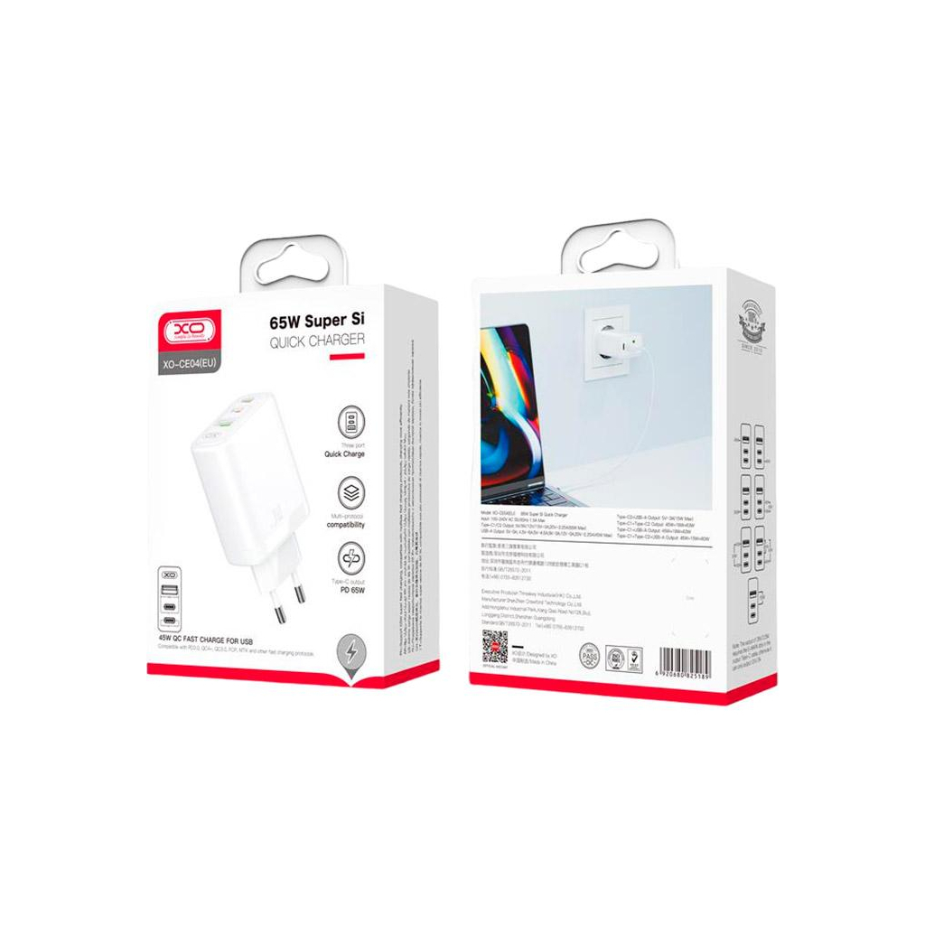 Зарядний пристрій XO 2xUSB-C PD65W + 1xUSB 45W white (СE04-WH) - зображення 4