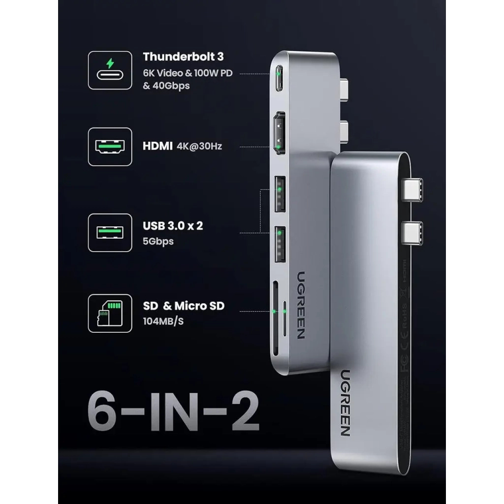 Концентратор Ugreen 2xUSB-C to HDMI + 2xUSB 3.0 + SD/TF + USB-C CM380 gray (80856) - зображення 2