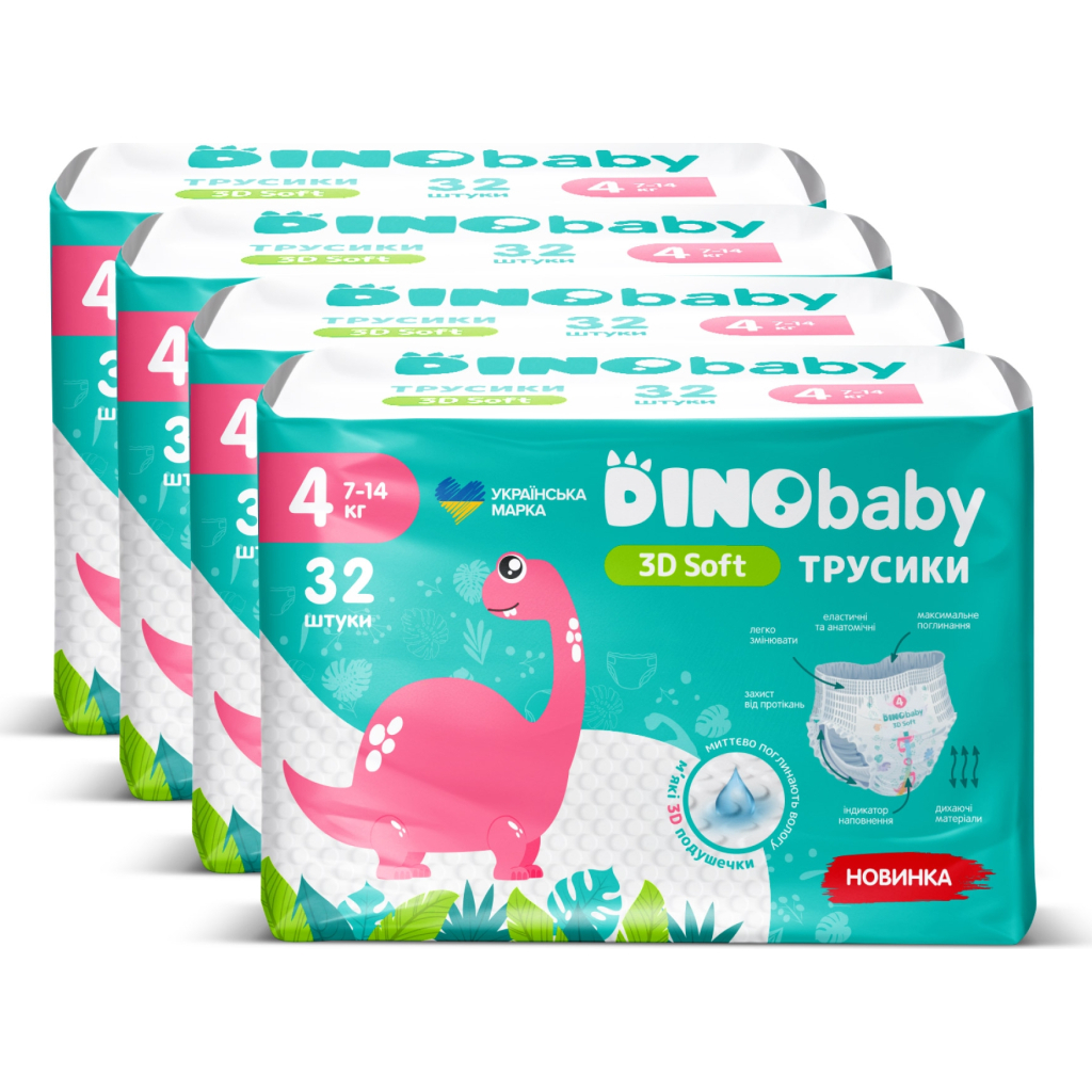 Підгузки Dino Baby 3D Soft 4 розмір (7-14 кг) 128 шт (4 упаковки по 32 шт) (4820204701703) - зображення 2