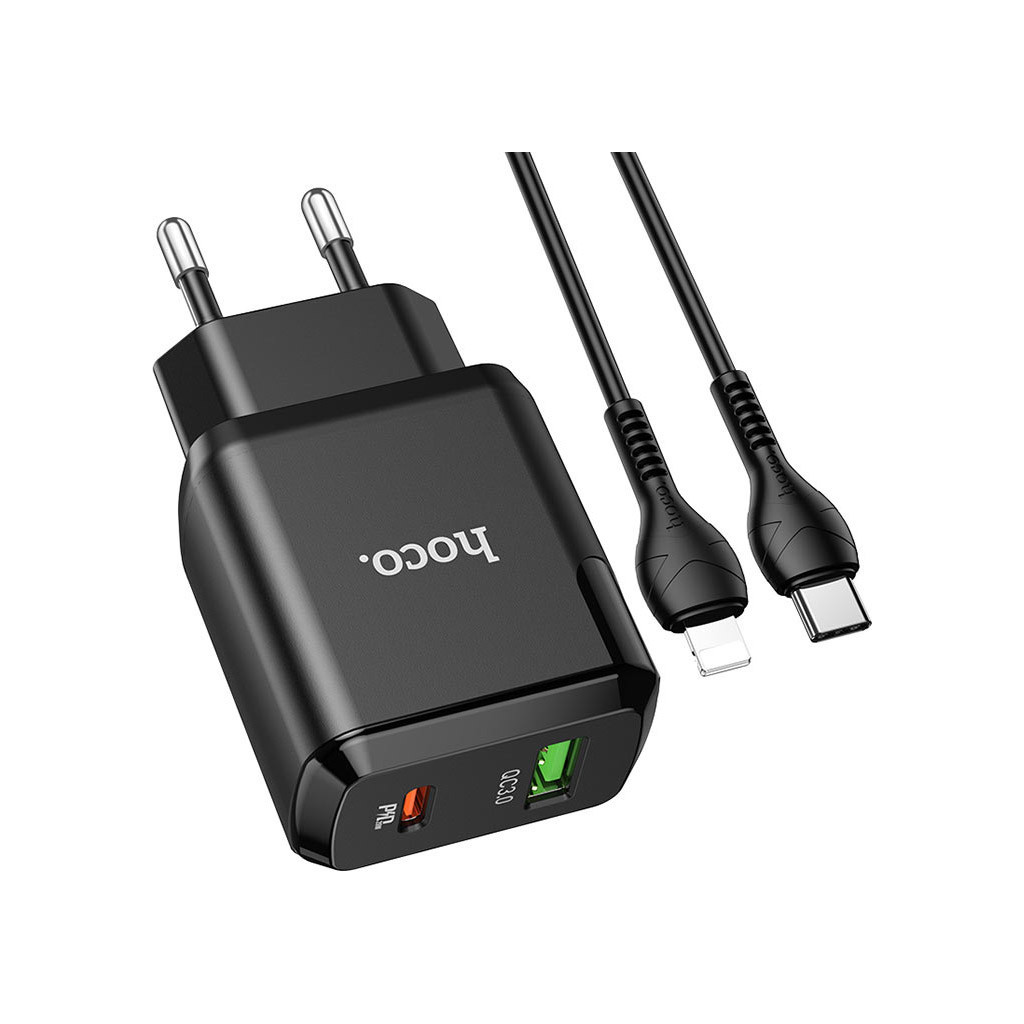 Зарядний пристрій HOCO N5 Favor dual port PD20W+QC3.0 (cable C to iP) Black (6931474738912) - зображення 2