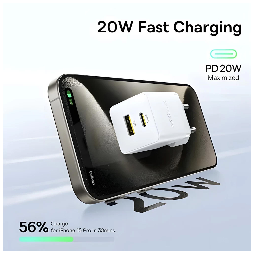 Зарядний пристрій Baseus 1xUSB-C 20W + 1xUSB white + cable USB-C to USB-C 60W 1.0m (P10111608213-01) - зображення 8