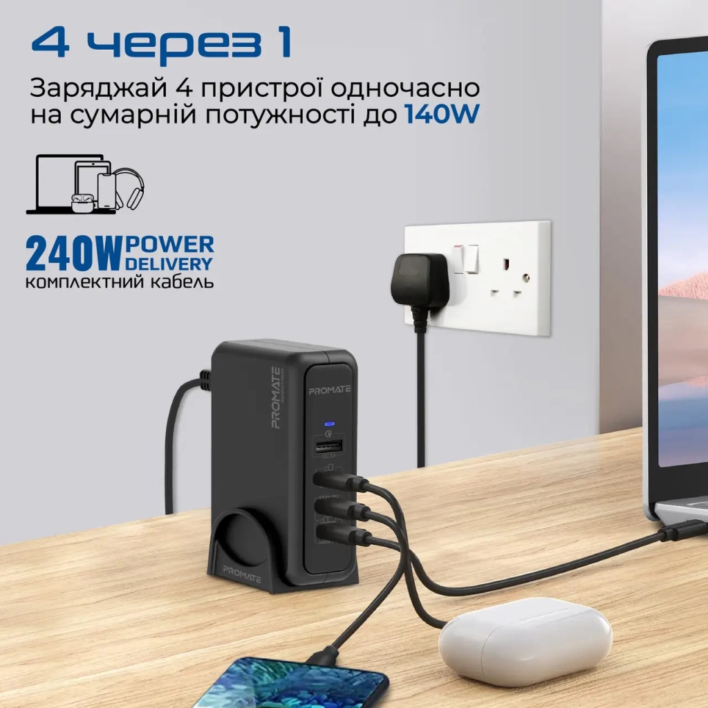 Зарядний пристрій Promate ganport-140w.black - зображення 4
