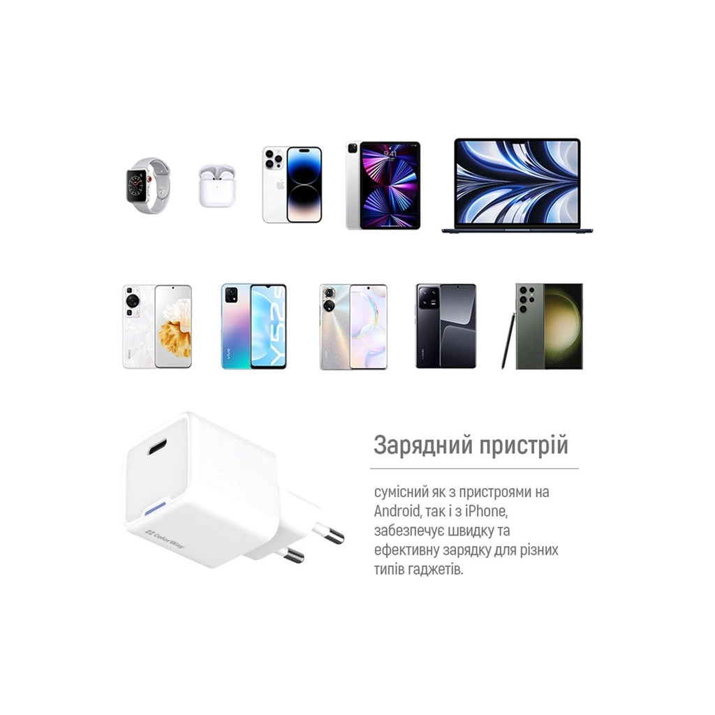 Зарядний пристрій ColorWay GaN Mini 35W PD Port PPS USB-C white (CW-CHS056PD-WT) - зображення 12
