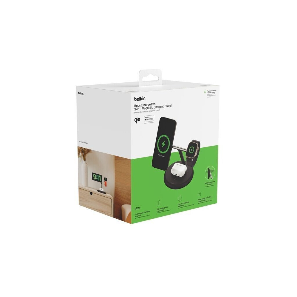 Зарядний пристрій Belkin 3in1 Magnetic Adjustable Pad Qi2 15W Black (WIZ023VFBK) - зображення 6