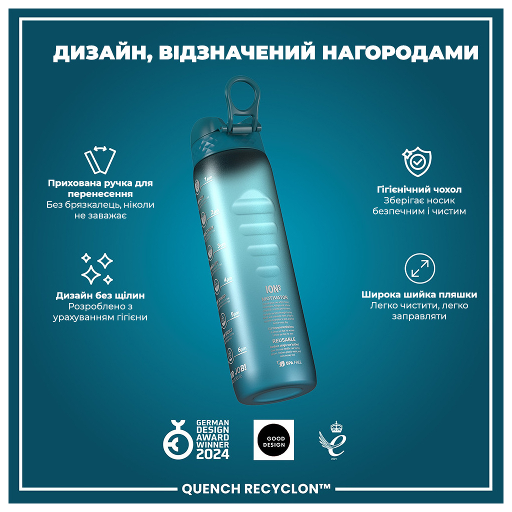 Пляшка для води ION8 OneTouch Times To Drink 1000 мл BPA Free, Teal & Blue (I8RF1000PTBMOT) - зображення 4