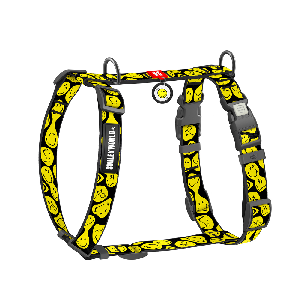 Шлея для собак WAUDOG Nylon анатомічна H-подібна з QR-паспортом "Смайли на чорному" пластиковий фастекс, L (345-0181) - зображення 1