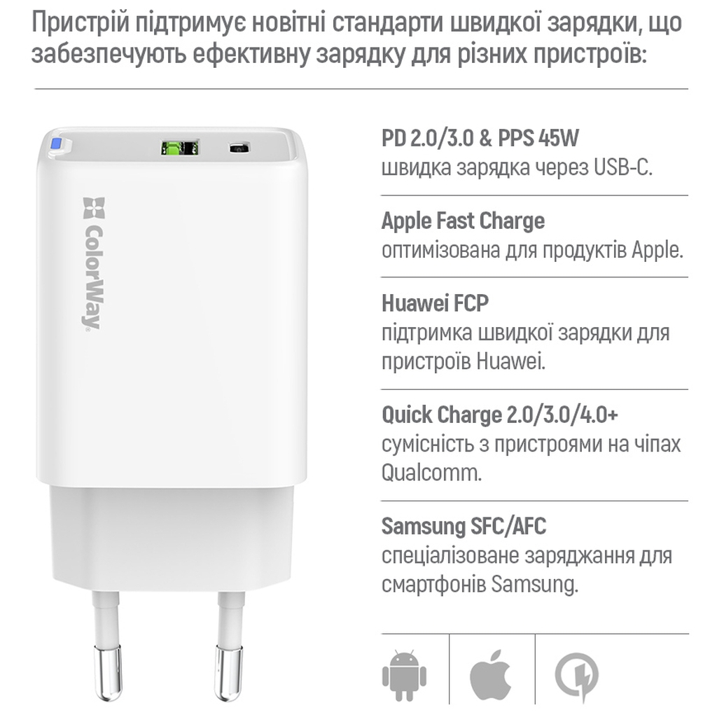 Зарядний пристрій ColorWay C101E GaN Mini 45W PD PPS USB-C + USB-A QC4.0 white (CW-CHS060PD-WT) - зображення 9