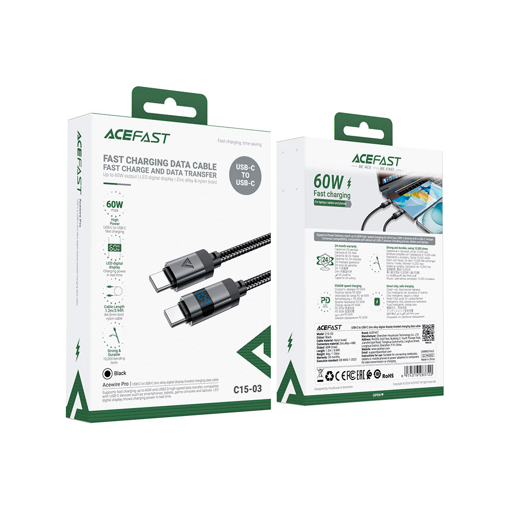Дата кабель USB-C to USB-C 1.2m 60W digital display C15-03 Black Acefast (6974316283720) - зображення 5