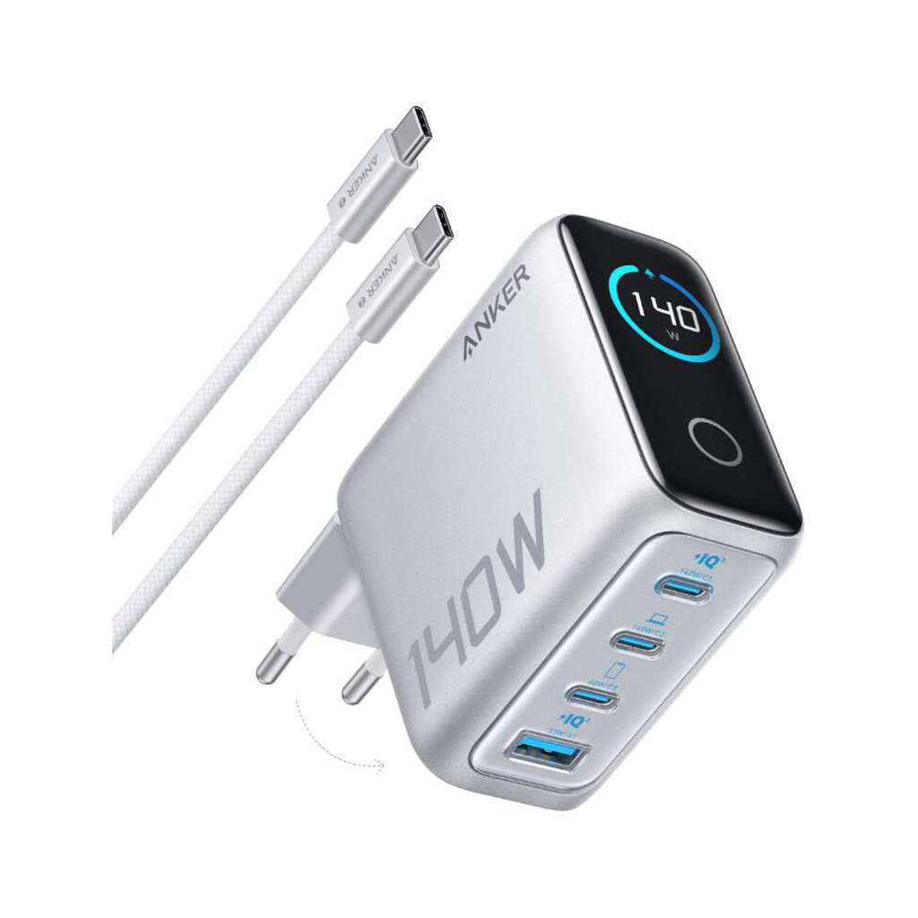 Зарядний пристрій Anker Laptop GaN 140W 3xUSB-C PD3.1 + USB-A + display + cable Silver (B2697G41) - зображення 1