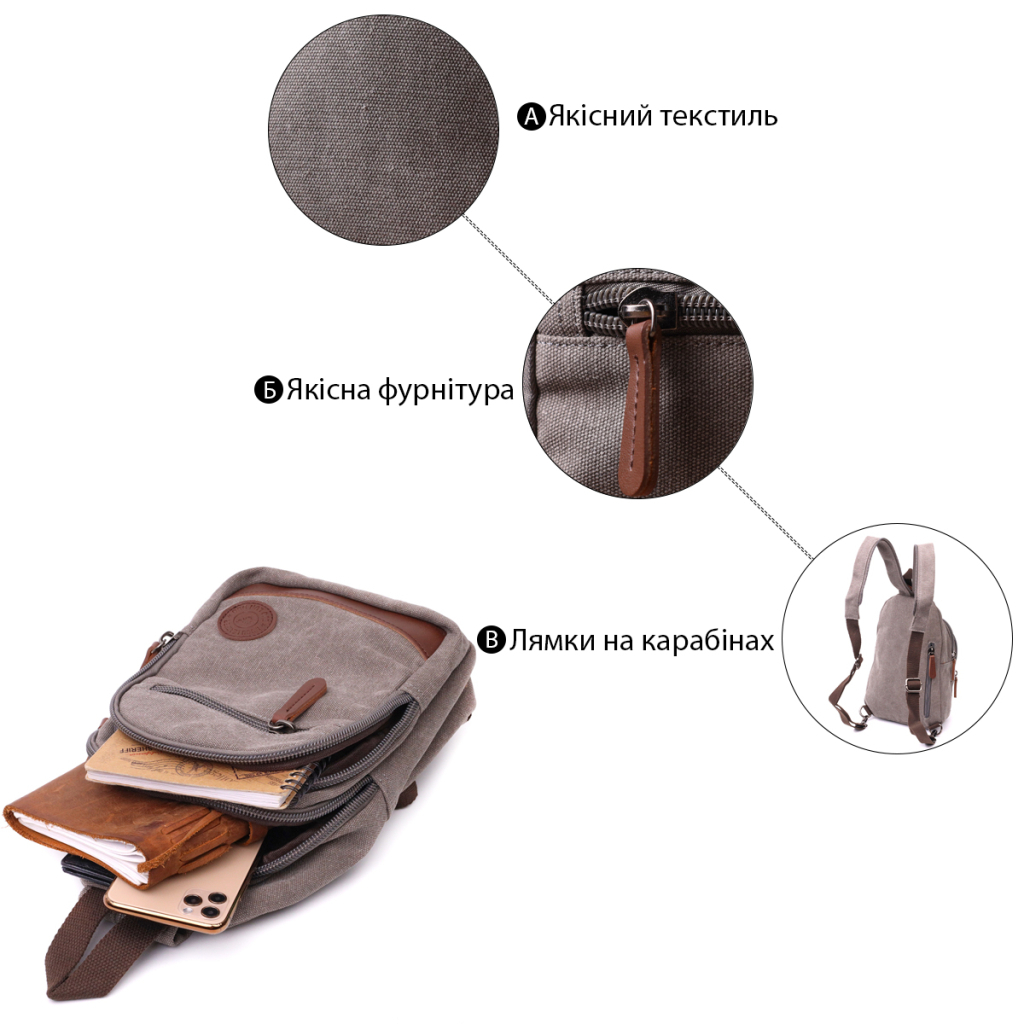 Сумка Vintage Текстильна через плече із ущільненою спинкою Сіра (22173) - зображення 4