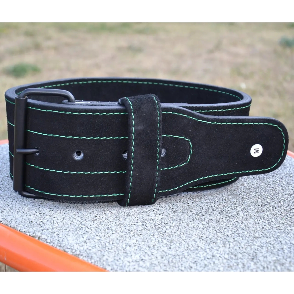 Атлетичний пояс MadMax MFB-301 Suede Single Prong шкіряний Black/Green L (MFB-301_L) - зображення 4