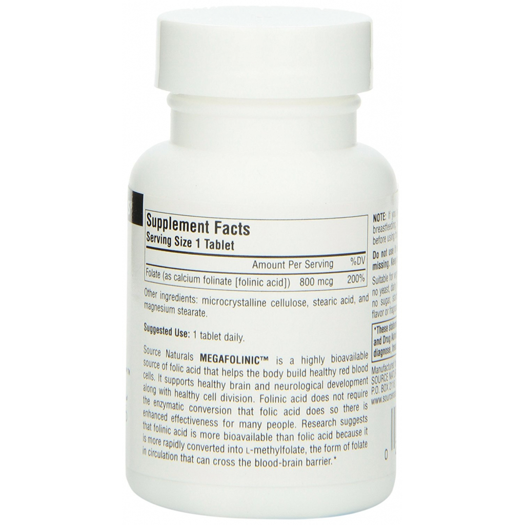 Вітамін Source Naturals Біоактивна Форма Фолієвої Кислоти (В9) 800мкг, MegaFolinic, (SN2027) - зображення 2