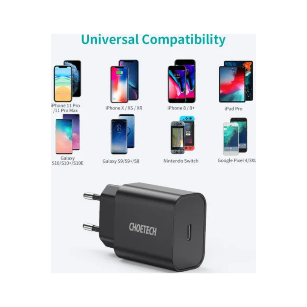 Зарядний пристрій Choetech 1xUSB 20W (1 USB-C) PD matte wall charger black (Q5004-EU-BK) - зображення 5