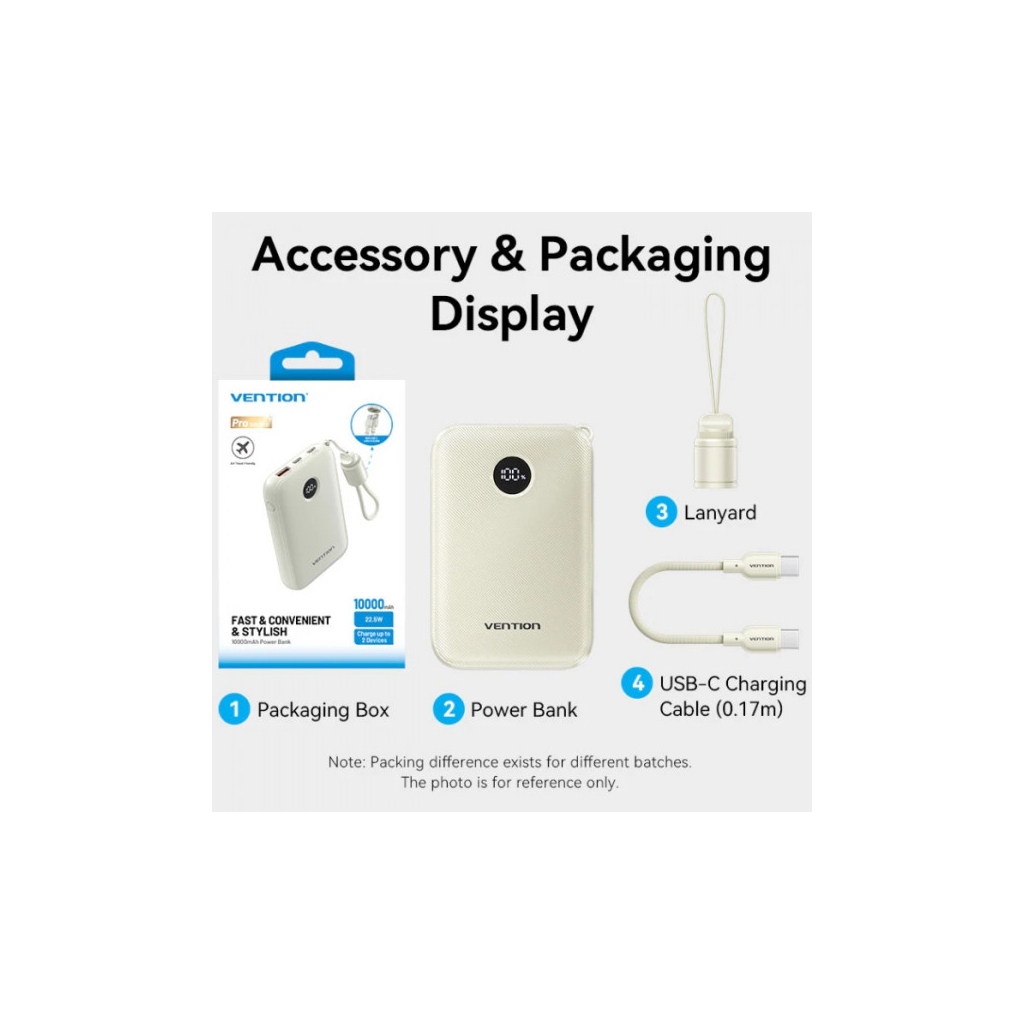 Батарея універсальна VENTION 10000mAh 22,5W Fast Charging, USB-A, 2xUSB-C Beige (FKAN0-C) - picture 3