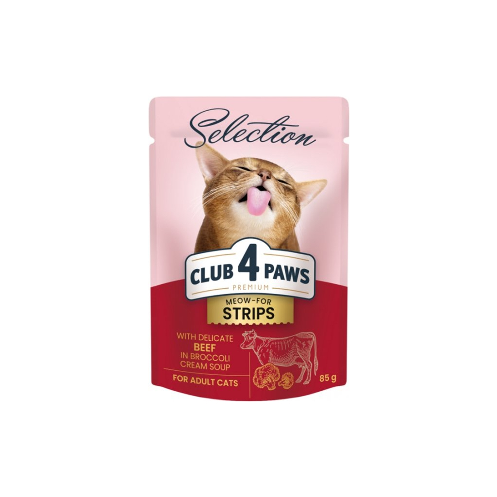 Вологий корм для кішок Club 4 Paws Selection Плюс Смужки з яловичиною в крем супі з броколі 85 г (4820215368100) - зображення 1