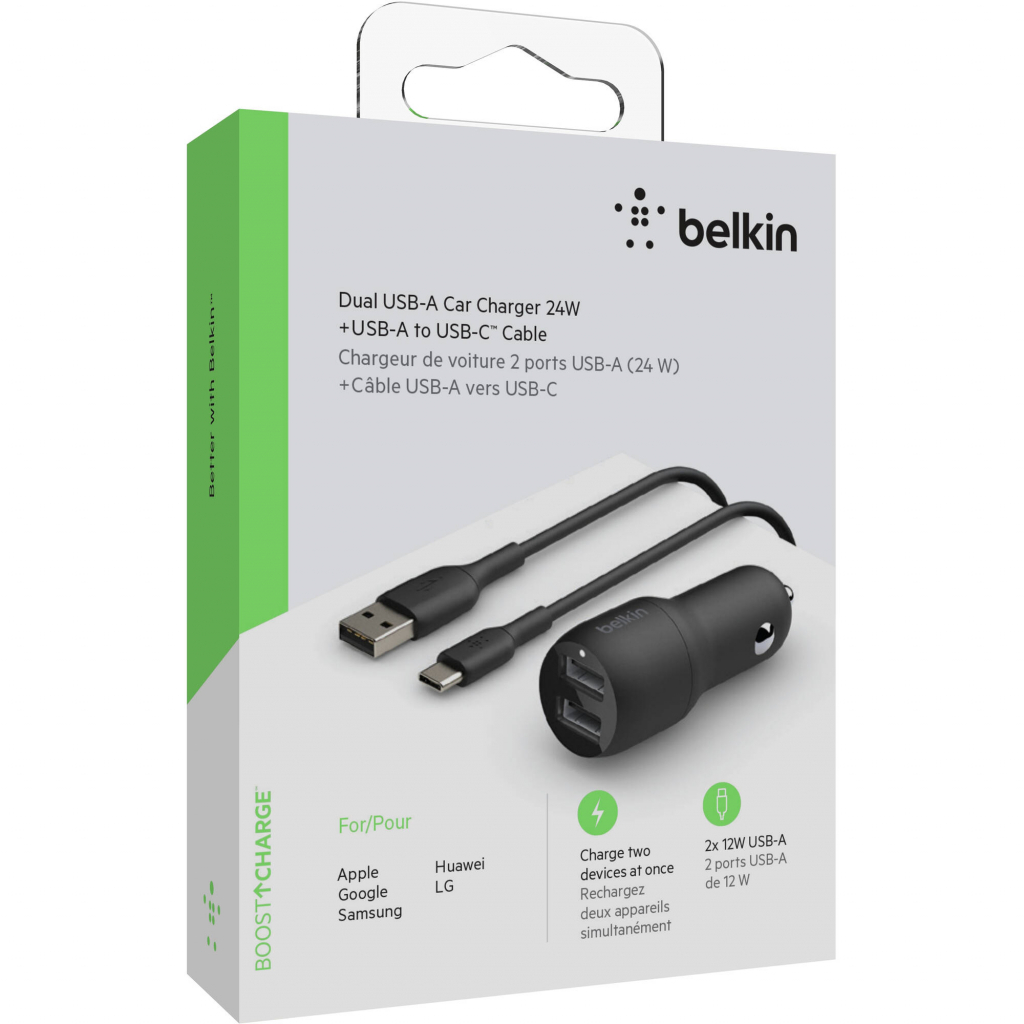 Зарядний пристрій Belkin Car Charger (24W) Dual USB-A, USB-A - USB-C, 1m, black (CCE001BT1MBK) - зображення 5