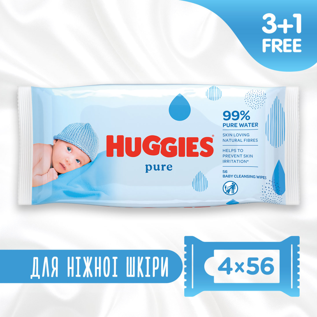 Дитячі вологі серветки Huggies Pure 56 х 4 шт (5029053550121) - зображення 2